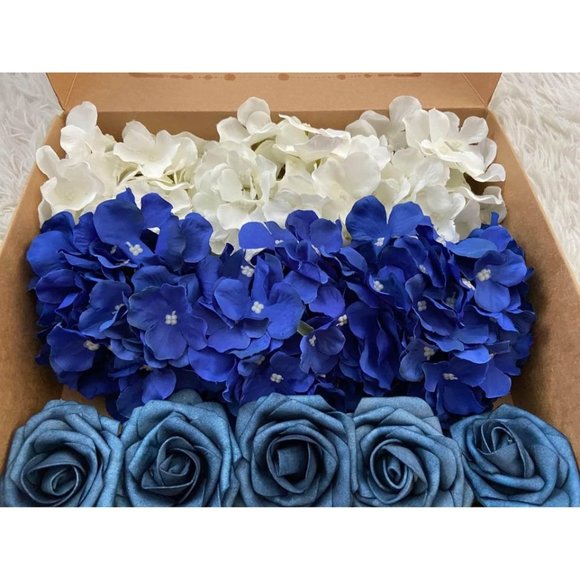 15 count | White Royal & Dusty Blue Hydrangeas Roses Bouquet Wedding Centerpiece - Picture 3 of 6